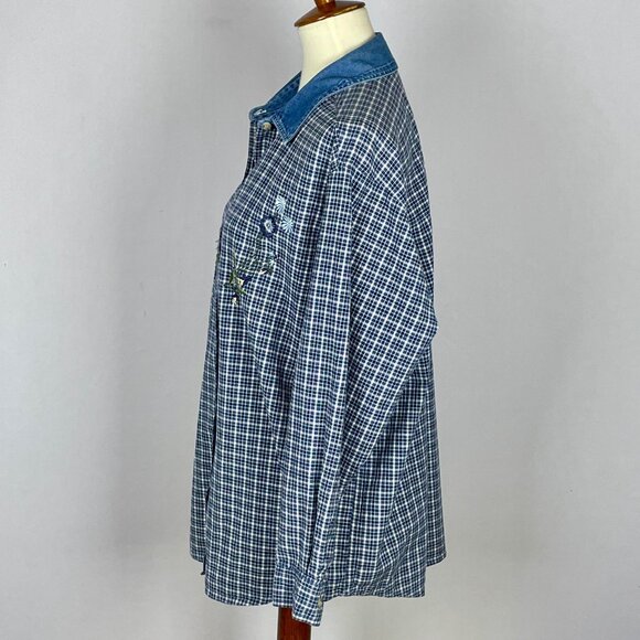 Vtg Basic Editions Top Sz L Blue Plaid Floral Embroidered Country Cabincore - Picture 6 of 7